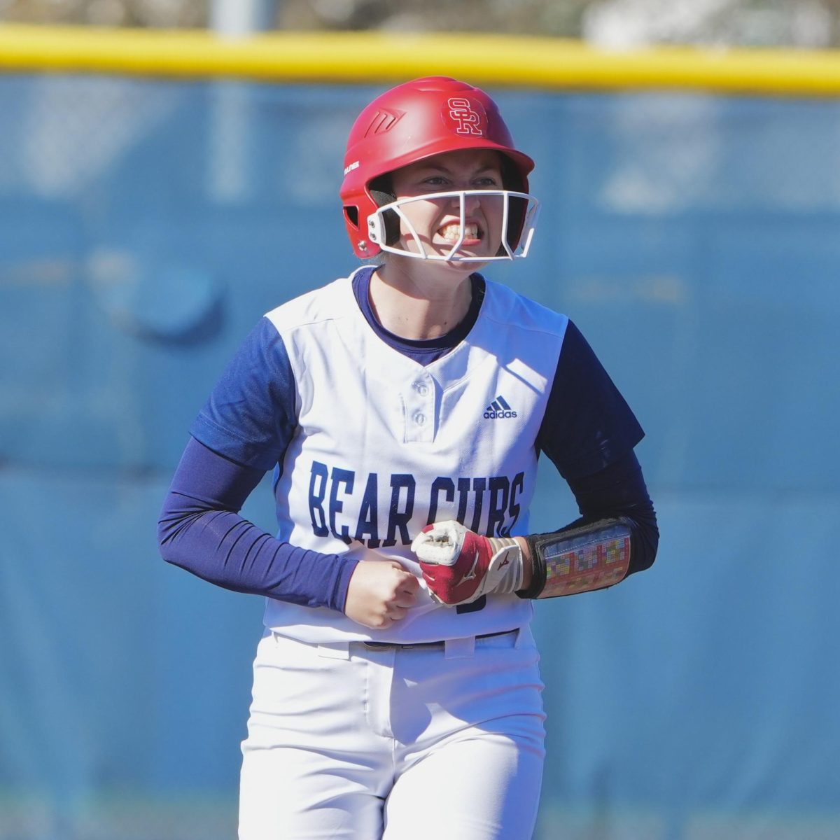 Adriana Novak celebrates after stealing second base against West Hills Coalinga at Santa Rosa’s Marv Mayes Field Feb 10. 2024.