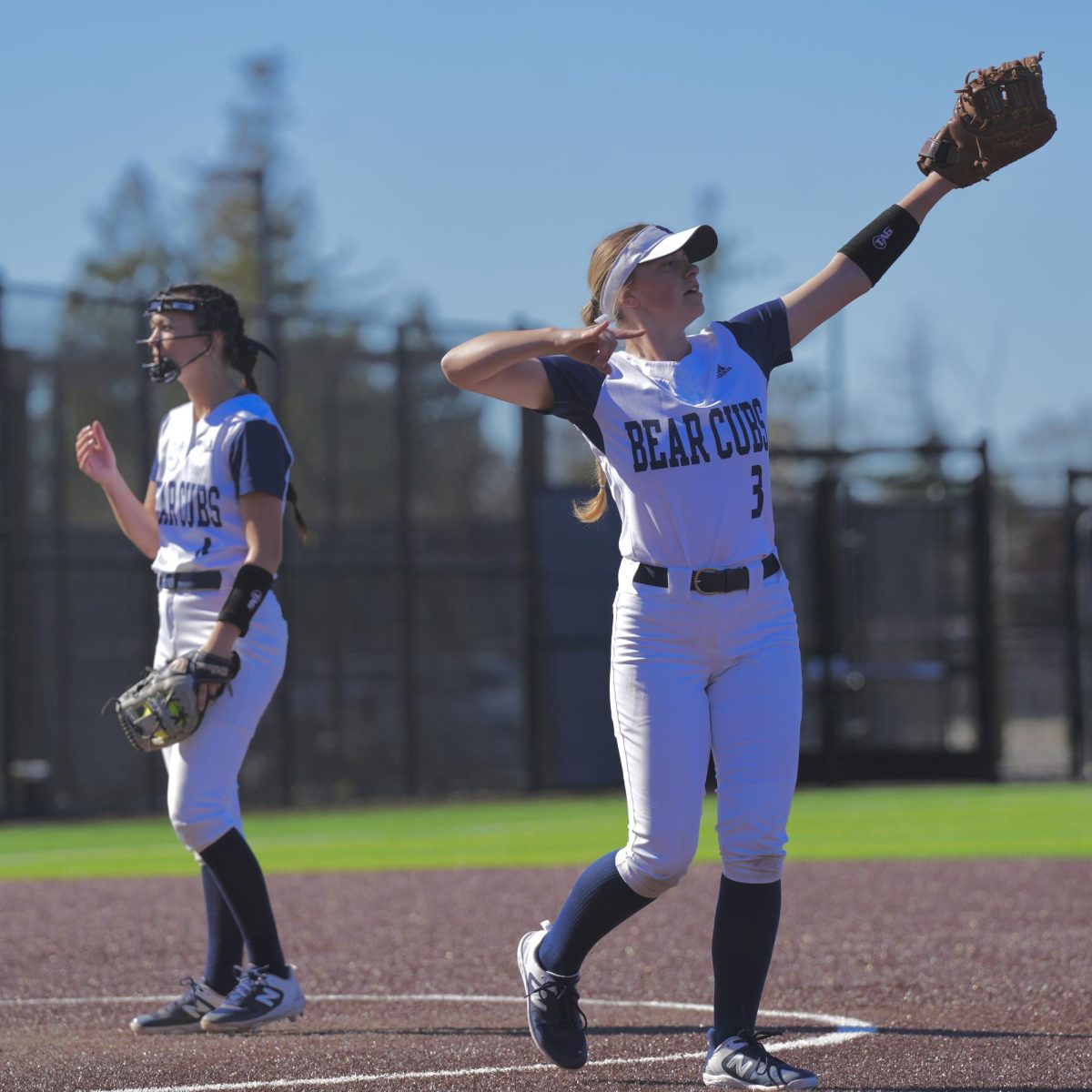 Adriana Novak sends a sign of praise to the outfield for a magnificent catch against West Hills Coalinga at Santa Rosas Marv Mayes Field Feb. 10, 2024.