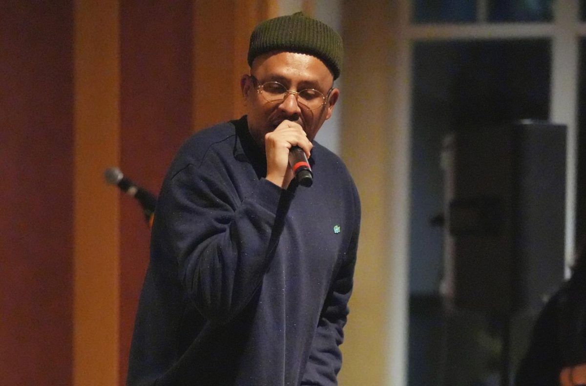 Dressed in a mismatched Lacoste sweatsuit complimented by tri-color Adidas, spoken word artist Bocafloja’s words flow into the crowd of SRJC students at the Santa Rosa Junior College Bertolini Student Services Center Feb. 9, 2024.