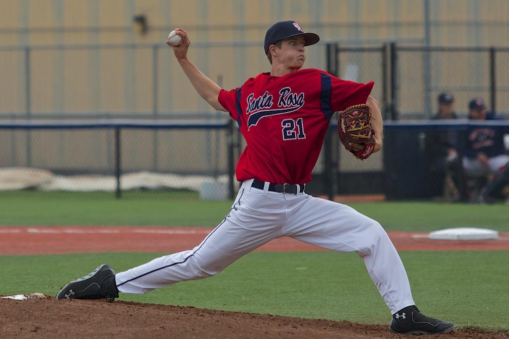 Garret Hill pitches against Solano college on Feb. 19 2015 at Sypher Field in Santa Rosa.