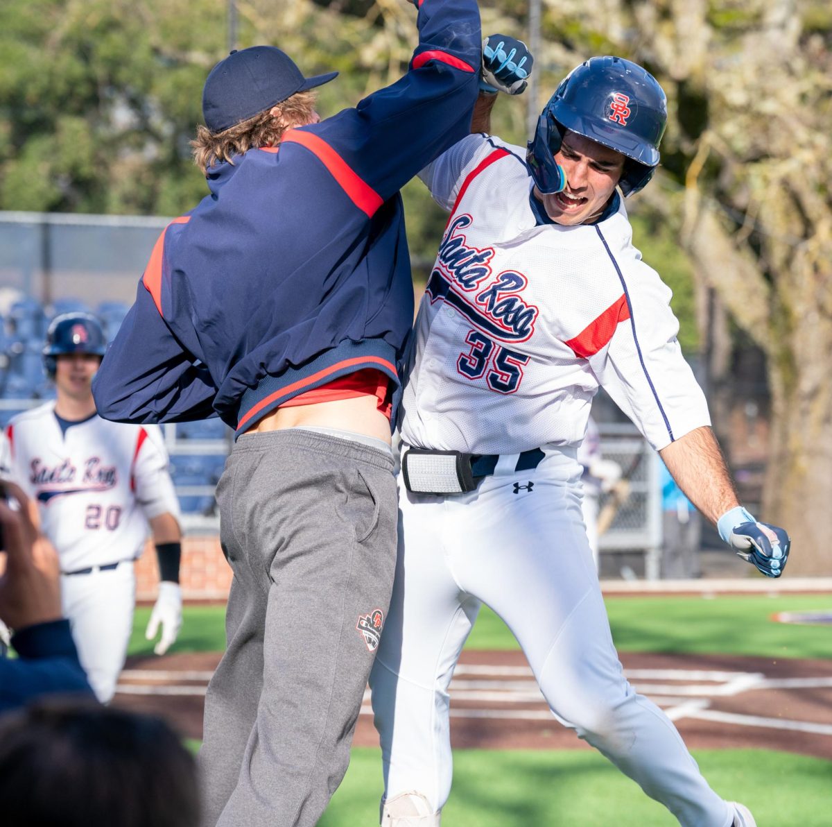 Bear Cubs first baseman Josh Martin leaps into the air after hitting a home run against Sierra College on Friday, Feb. 2, 2024 in Santa Rosa. 