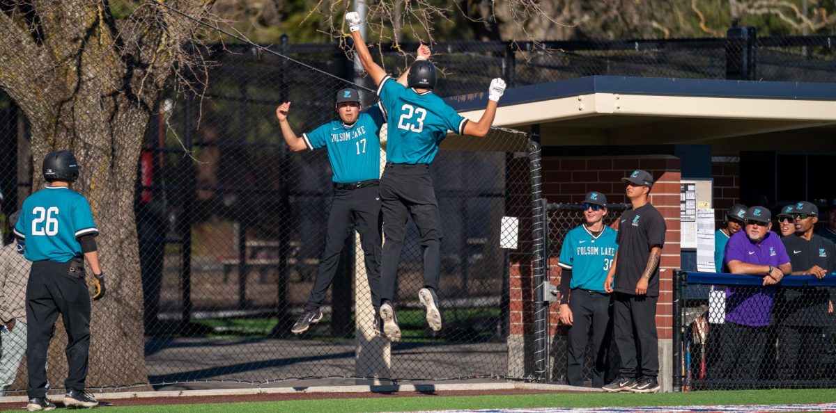 Folsom Lake designated hitter Max Debiec, middle, celebrates his solo home run against Santa Rosa on Wednesday, Feb. 27, 2024 in Santa Rosa.