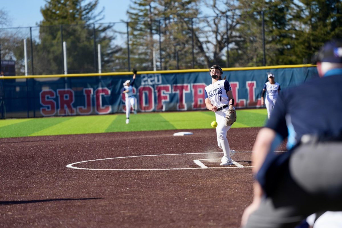 Pitcher Jordan Baughn warms up as the Bear Cubs prepare against American River at Santa Rosa’s Marv Mayes Field Feb. 27, 2024.