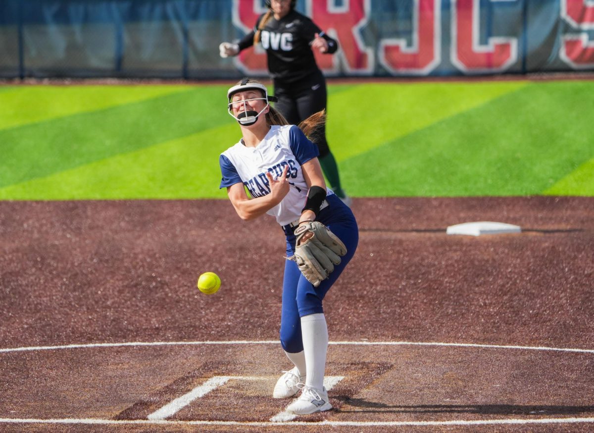 Starting pitcher Jordan Baughn unleashes another unmet pitch against Diablo Valley College at Santa Rosa's Marv Mayes Field, Tuesday, March 12, 2024.