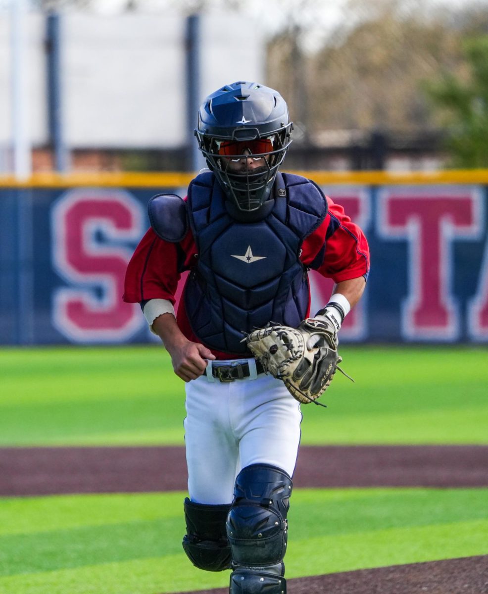 Catcher Cameron Duran steps back up to home plate after consulting with pitcher Alex Leopard in the bottom of the ninth inning against Cosumnes River College at Santa Rosas Cook Sypher Field on Saturday, March 30, 2024.