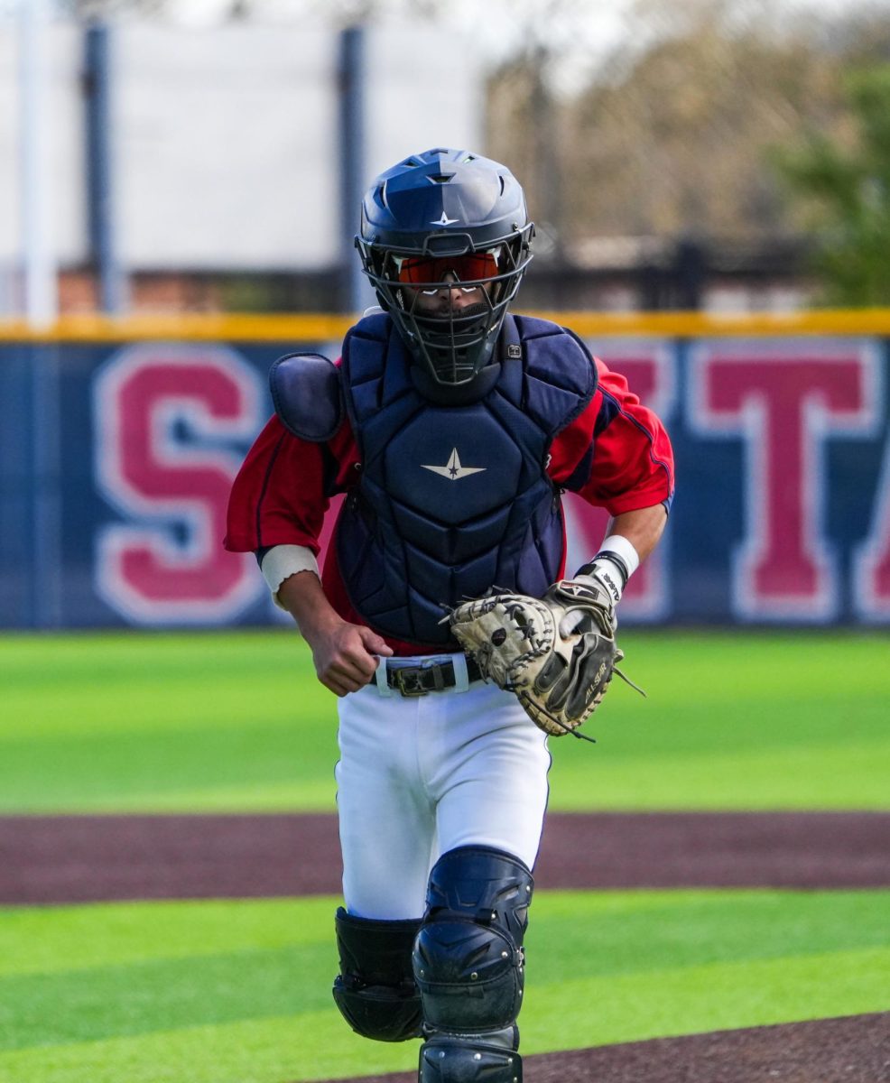 Catcher Cameron Duran steps back up to home plate after consulting with pitcher Alex Leopard in the bottom of the ninth inning against Cosumnes River College at Santa Rosa's Cook Sypher Field on Saturday, March 30, 2024.