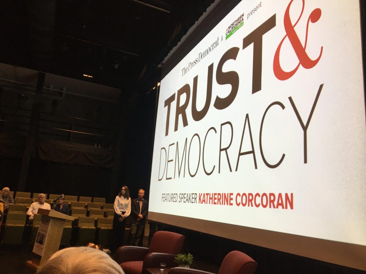 Katharine Corcoran waits to speak about the relationship between a free press and democracy at the Truth and Democracy community conversation March 13 at SRJC Frank Chong Studio Theater.