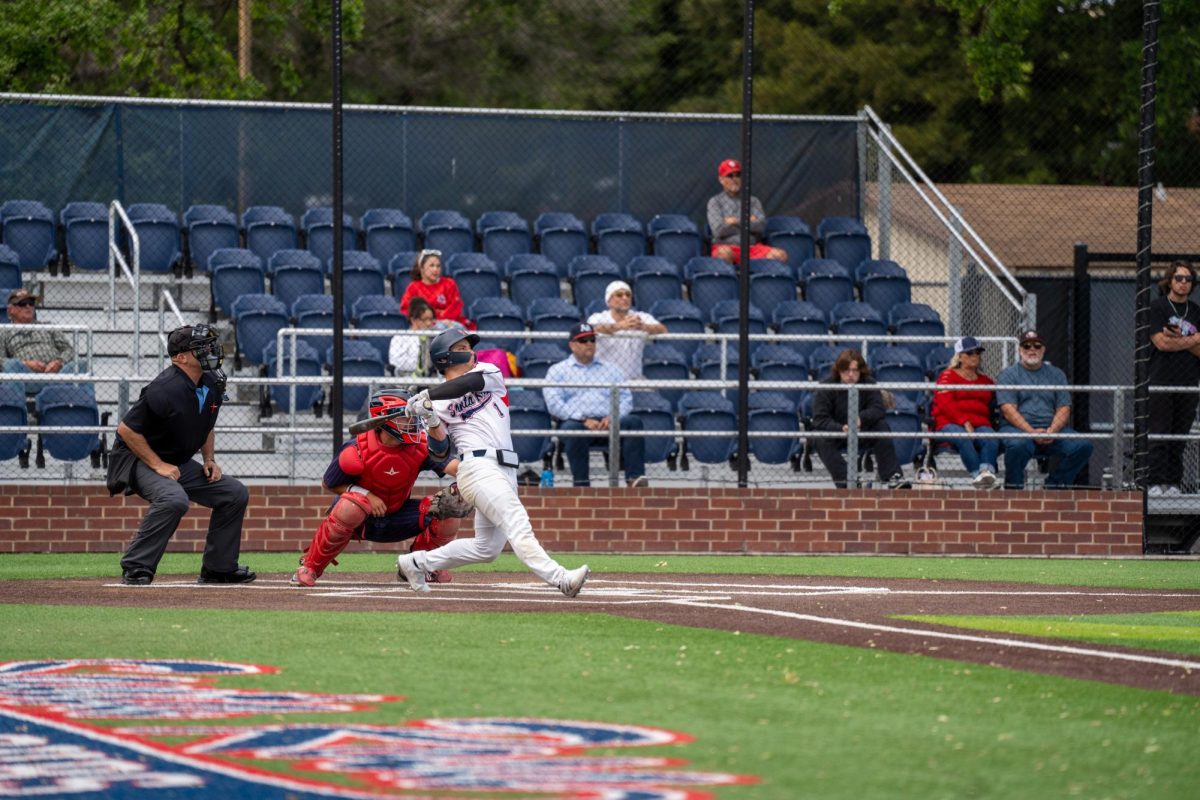 Pitcher and outfielder Alex Leopard hits a homerun in the bottom of the eighth to secure two more runs against American River College at Santa Rosa's Cook Sypher Field on Thursday, April 25, 2024.