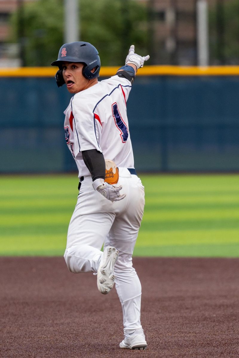 Pitcher and outfielder Alex Leopard soars around the field after his home run in the bottom of the eighth to secure two more runs against American River College at Santa Rosa's Cook Sypher Field on Thursday, April 25, 2024.