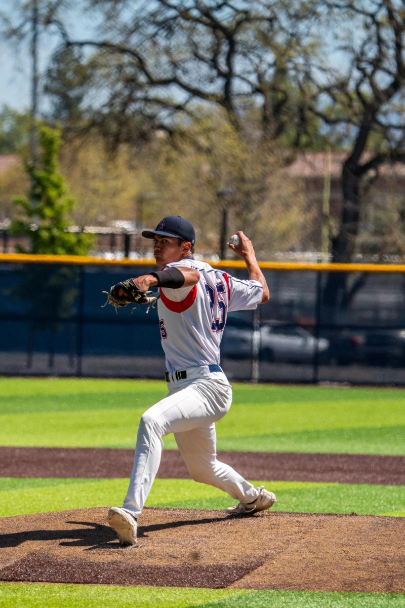 Starting pitcher Hekili Robello pitches for 5 ⅔ innings with 10 hits and seven runs allowed, while still striking out eight against Modesto Junior College at Santa Rosa’s Cook Sypher Field on Thursday, April 11, 2024. 