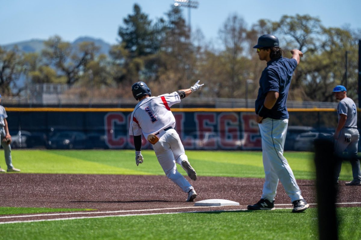 Outfielder and pitcher Alex Leopard soars past first base after hitting a home run to get the Bear Cubs started in the bottom of the first inning against Modesto Junior College at Santa Rosa’s Cook Sypher Field on Thursday, April 11, 2024. 
