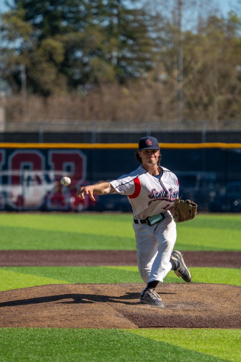 Pitcher Collin Medeiros relieves Hekili Robello on the mound in the top of the seventh inning against Modesto Junior College at Santa Rosa’s Cook Sypher Field on Thursday, April 11, 2024.