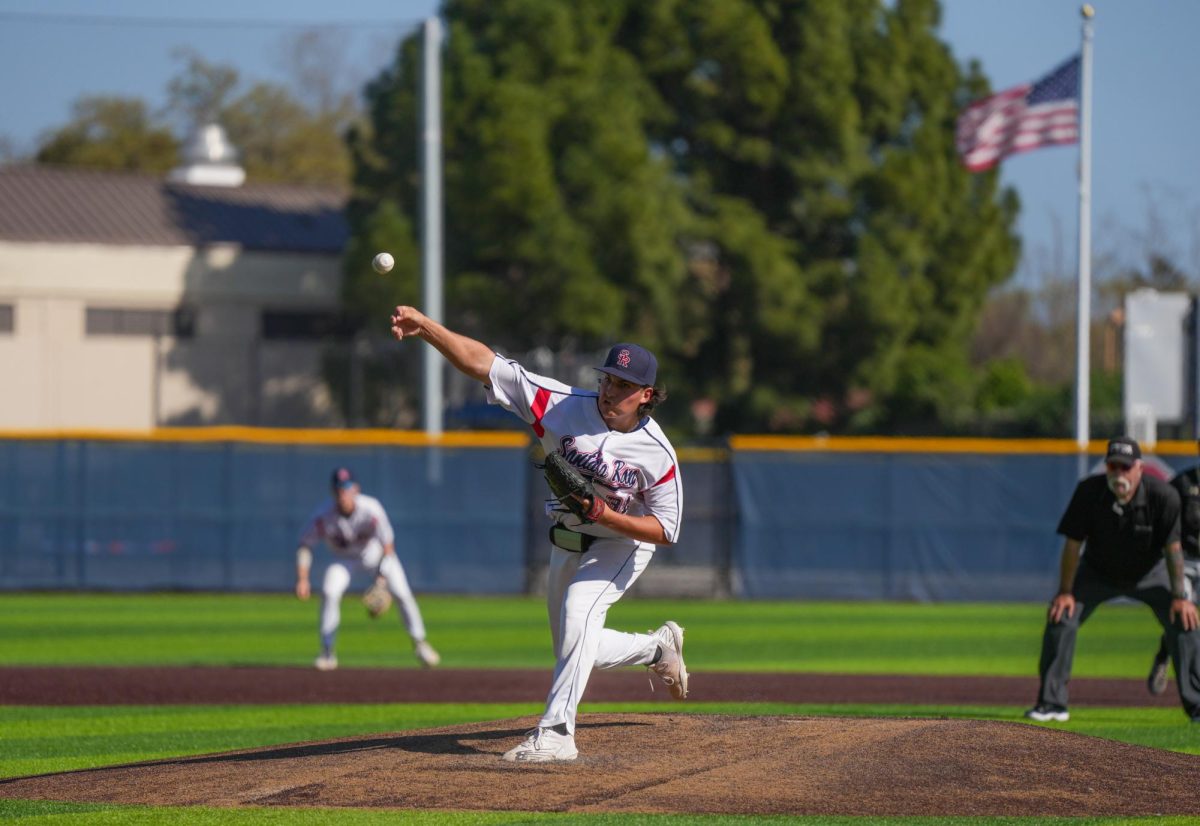 Luke Schat relieves pitcher Jordan Giacomini in the top of the sixth inning against San Joaquin Delta at Santa Rosa’s Cook Sypher Field on Tuesday, April 2, 2024.