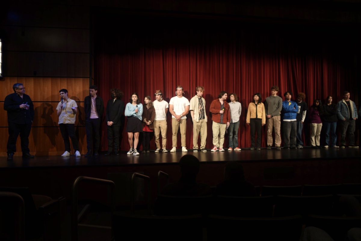 SRJC film studies instructor Mike Traina (far-left) responds to questions alongside 20 creators of the short films showcased at the 16th Annual Sonoma County Student Film Festival on April 5 in the Carole L. Ellis auditorium at SRJC Petaluma.