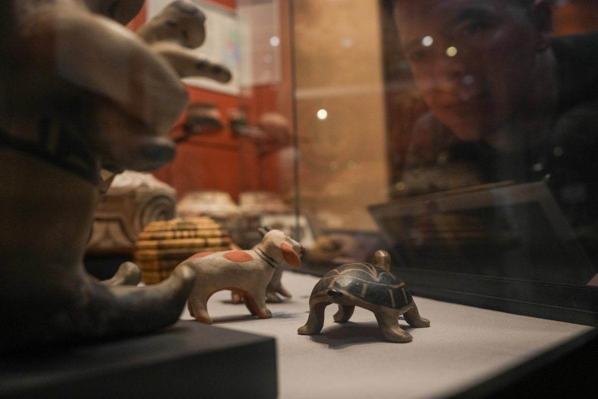 SRJC student Jonny Brouillard observes clay figurines and other Native American artwork on display at the SRJC Multicultural Museum on March 28, 2024. Some of his favorite museum artifacts are located in the Southwest pottery collection. 