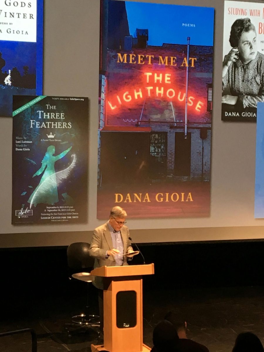 Dana Gioia reads to a rapt audience of SRJC students, faculty and community members on March 28 in the Frank Chong Studio Theater.