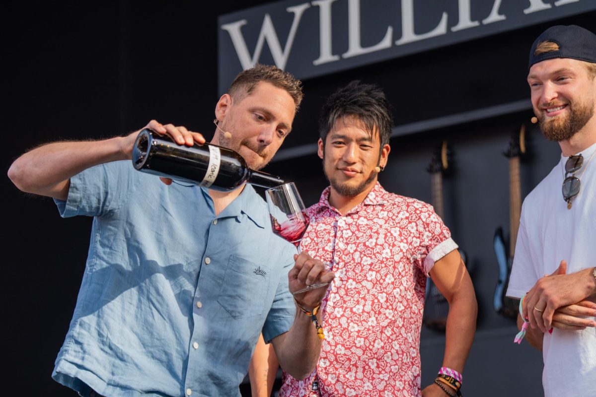 Former Giant and Two-time World Series Champion Hunter Pence, left, pours a glass of a bespoke bottle of red for Shota Nakajima, middle, and Domantas Sabonis, right, at the Williams-Sonoma Culinary Stage at BottleRock Napa Valley on Friday, May 24, 2024.