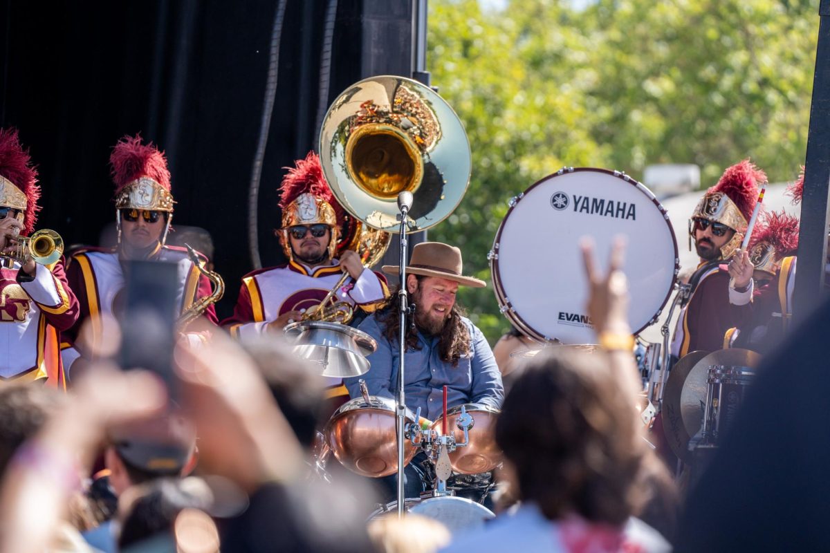 Patrick Hallahan of My Morning Jacket and the USC Marching Band perform at the Williams-Sonoma Culinary Stage at BottleRock Napa Valley on Friday, May 24, 2024.