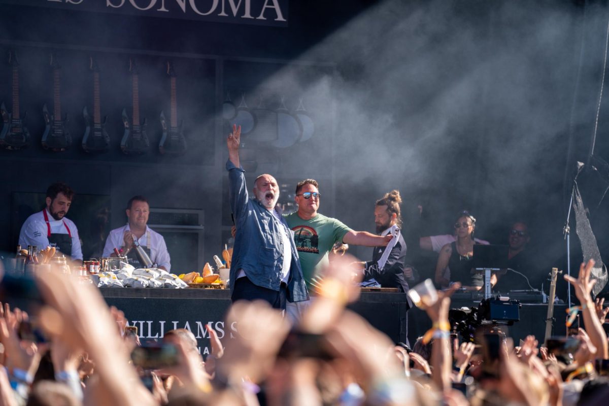 Chef José Andrés is greeted on the Williams-Sonoma Culinary Stage by KCBS Radio's Foodie Chap Liam Mayclem at BottleRock Napa Valley on Saturday, May 25, 2024.