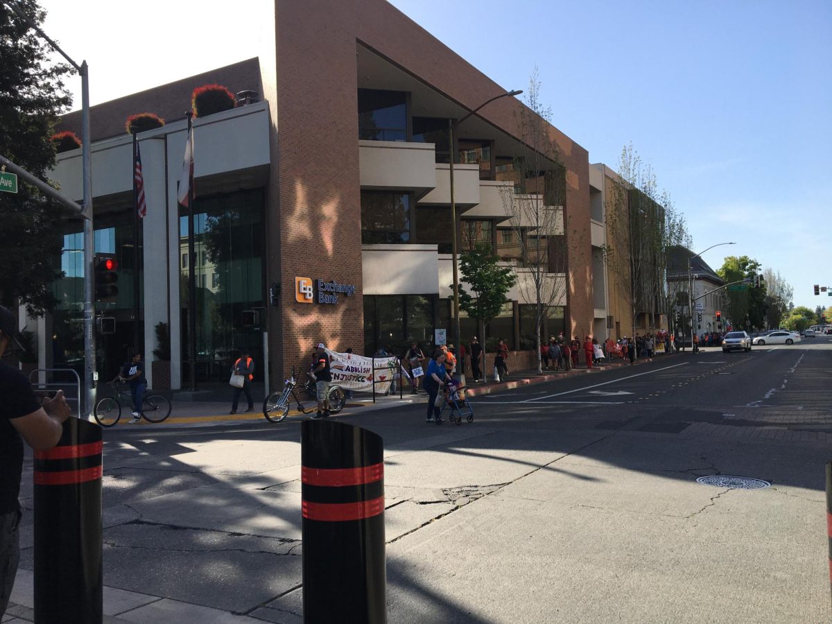 About 150 marchers arrive downtown after delivering letters demanding immigration reform and non-collaboration to Sonoma County Sheriff and Board of Supervisors, May 1 in Santa Rosa.