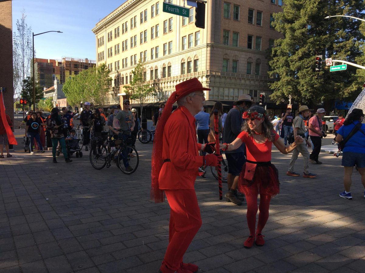 Dancers and music contributed to the celebratory mood when marchers arrived downtown May 1 in Santa Rosa.