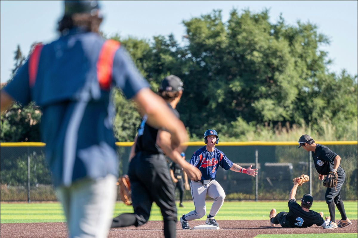 Designated hitter Jake McCoy is beside himself as he is called out at second after Cabrillo shortstop Anthony Karaginnopoulos tags him out at the top of the eighth in the final round of the CCCAA Super Regionals in Hayward on Friday, May 10, 2024.