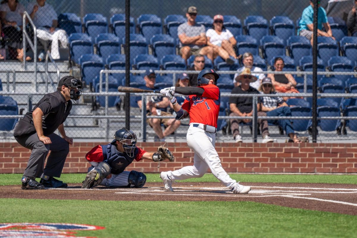 Center fielder Alex Leopard hits a single to first base in the bottom of the third against College of San Mateo in the final game of the CCCAA Regional Playoffs at home on Friday, May 3, 2024.