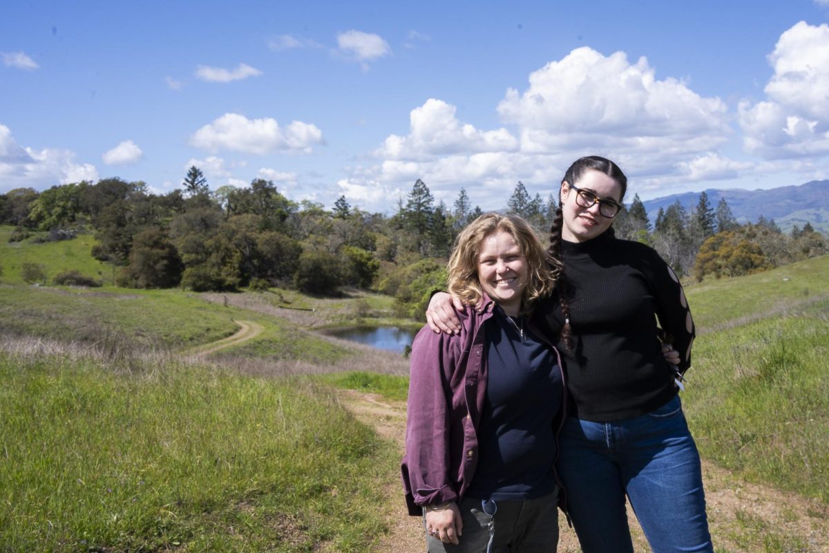 Interns Bailey Glashan and Natalie Kozlowski work as a team when sampling bees at Pepperwood Preserve. They recall bonding during a biology class visit to Pepperwood over a dead frog that Kozlowski found and wanted to keep.