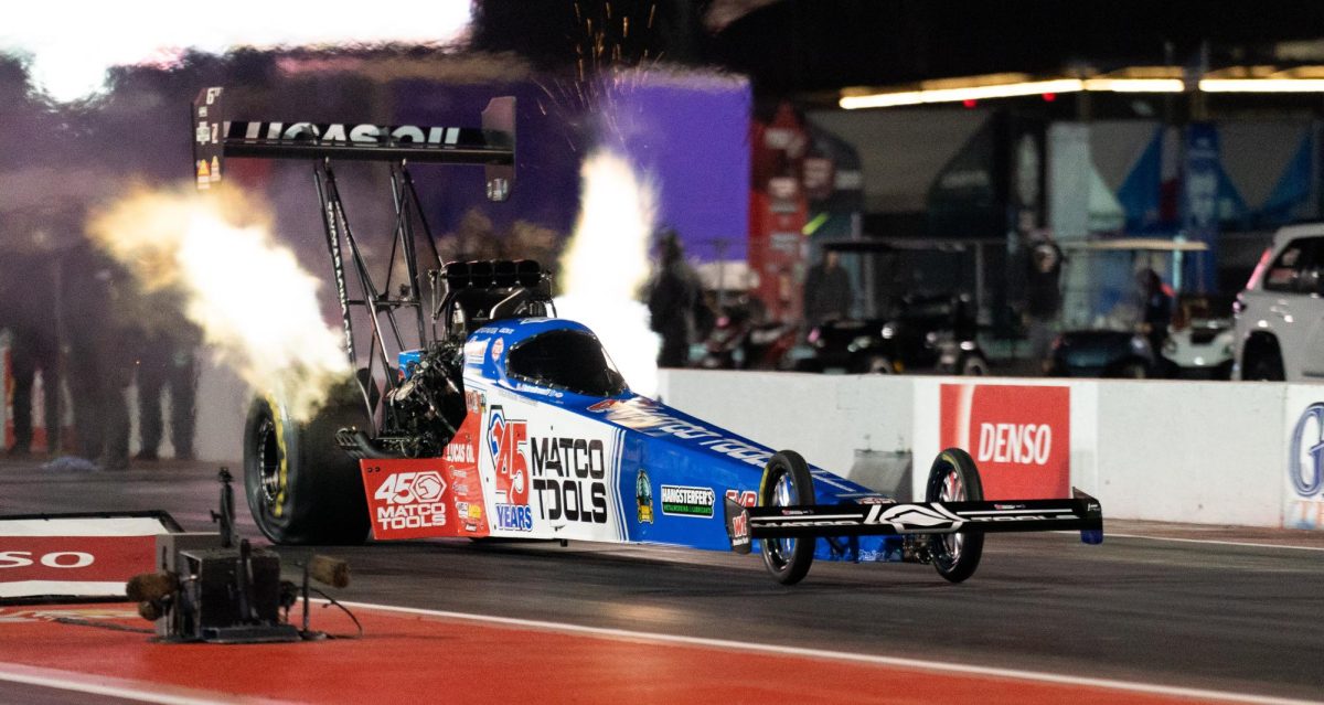 NHRA Top Fuel driver Antron Brown during a qualifying run at the DENSO NHRA Sonoma Nationals on Friday, July 26, 2024 in Sonoma.
