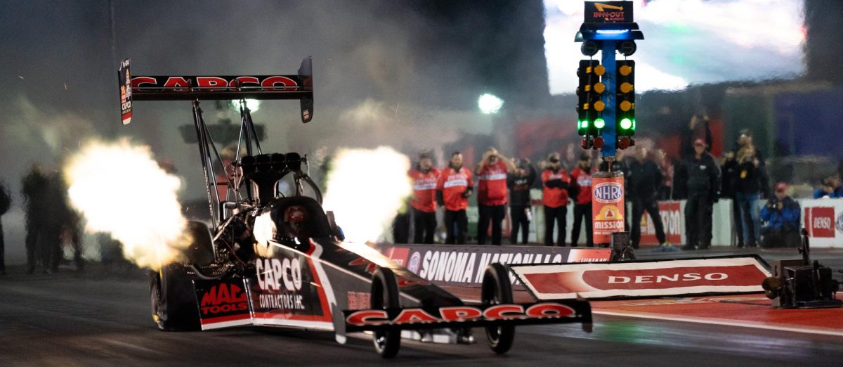 NHRA Top Fuel driver Steve Torrence during a qualifying run at the DENSO NHRA Sonoma Nationals on Friday, July 26, 2024 in Sonoma.