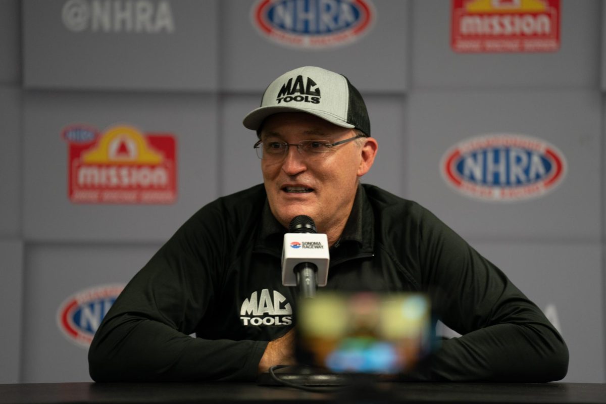 NHRA Top Fuel driver Doug Kalitta breaks the track ET record of 3.649 seconds at 336.40 mph at the DENSO NHRA Sonoma Nationals on Friday, July 26, 2024 in Sonoma.
