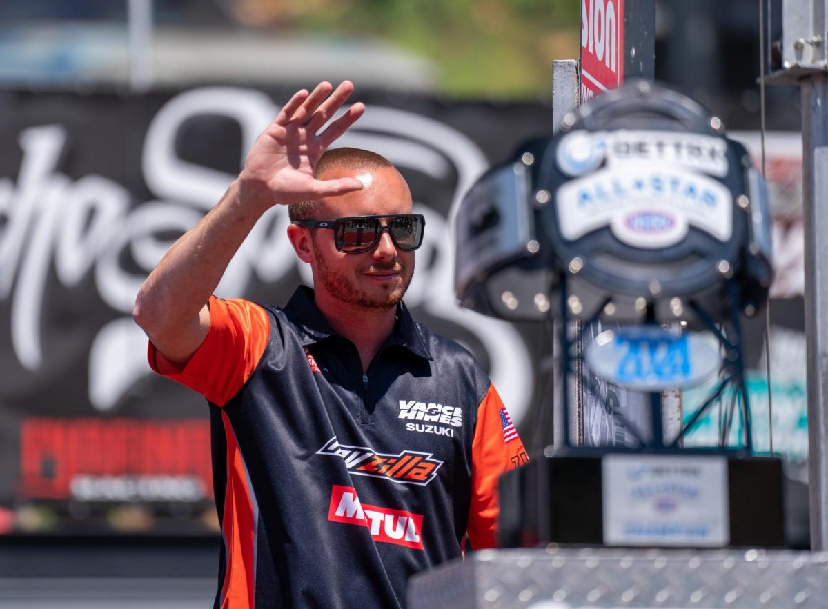 NHRA Pro Stock Motorcycle driver Gaige Herrera makes his way onto the GETTRX NHRA All-Star Pro Stock Motorcycle Callout stage at Sonoma Raceway on Friday, July 26, 2024 in Sonoma.