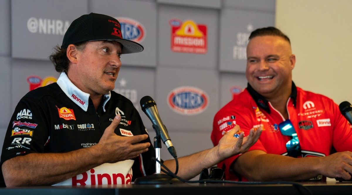 NHRA Top Fuel driver Tony "Smoke" Stewart and teammate Matt Hagan field questions from journalists in the John Cardinale Media Center at the DENSO NHRA Sonoma Nationals on Friday, July 26, 2024 in Sonoma.