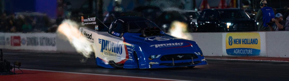 NHRA Driver Blake Alexander's Funny Car moments before the engine blows up, causing a pile of debris on the track at the DENSO NHRA Sonoma Nationals on Friday, July 26, 2024 in Sonoma.