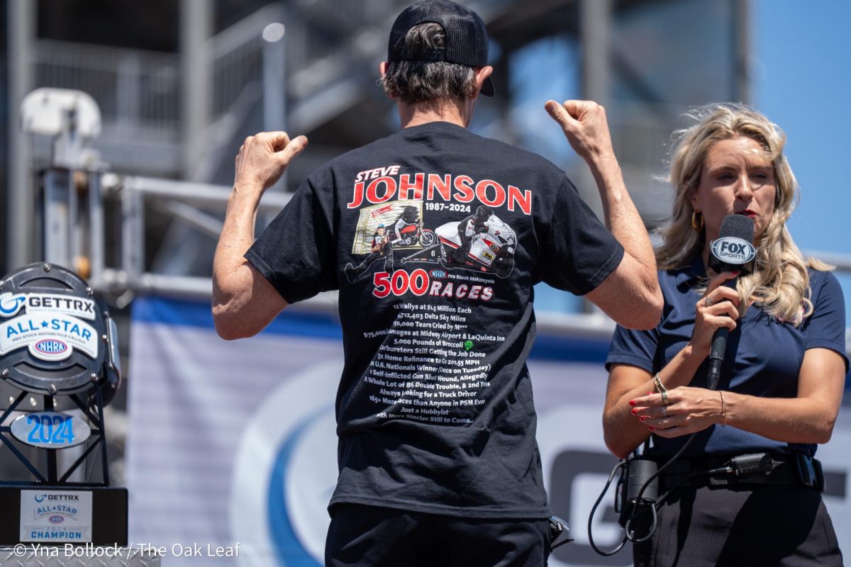 Steve Johnson shows off his "resume" on the back of his shirt on the GETTRX NHRA All-Star Pro Stock Motorcycle Callout stage at Sonoma Raceway on Friday, July 26, 2024 in Sonoma.