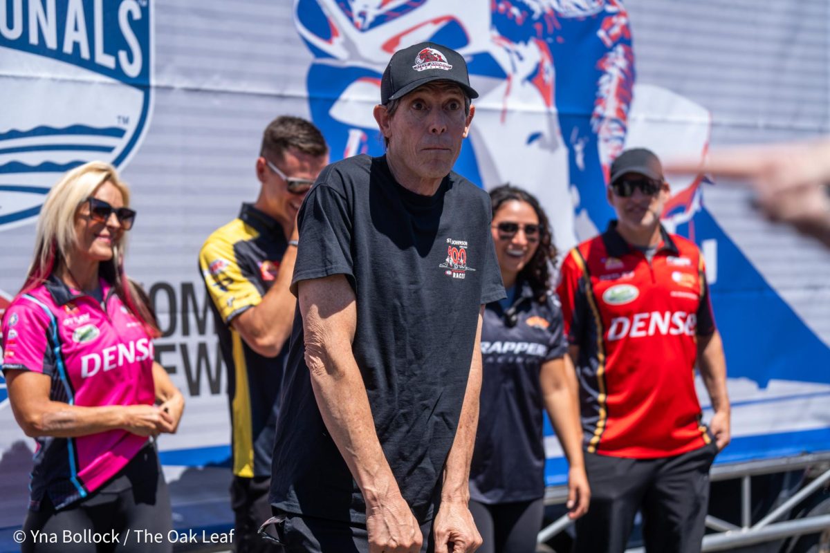 Pro Stock Motorcyle driver Steve Johnson in his natural goofy state posing for photos at the GETTRX NHRA All-Star Pro Stock Motorcycle Callout stage at Sonoma Raceway on Friday, July 26, 2024 in Sonoma.