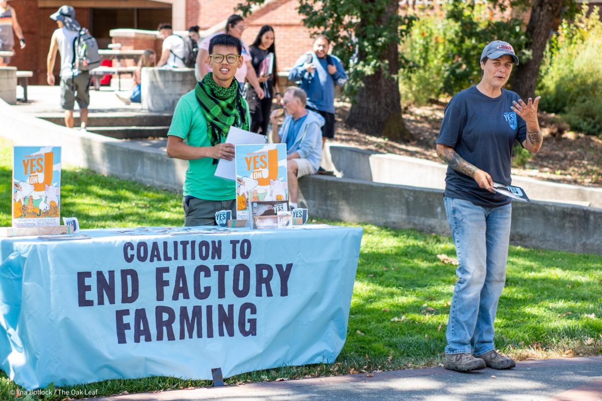 Organizers Rocky (left) and Carla (right) present their case for "Yes on J" to SRJC students in the quad on Thursday, August 22, 2024 in Santa Rosa.