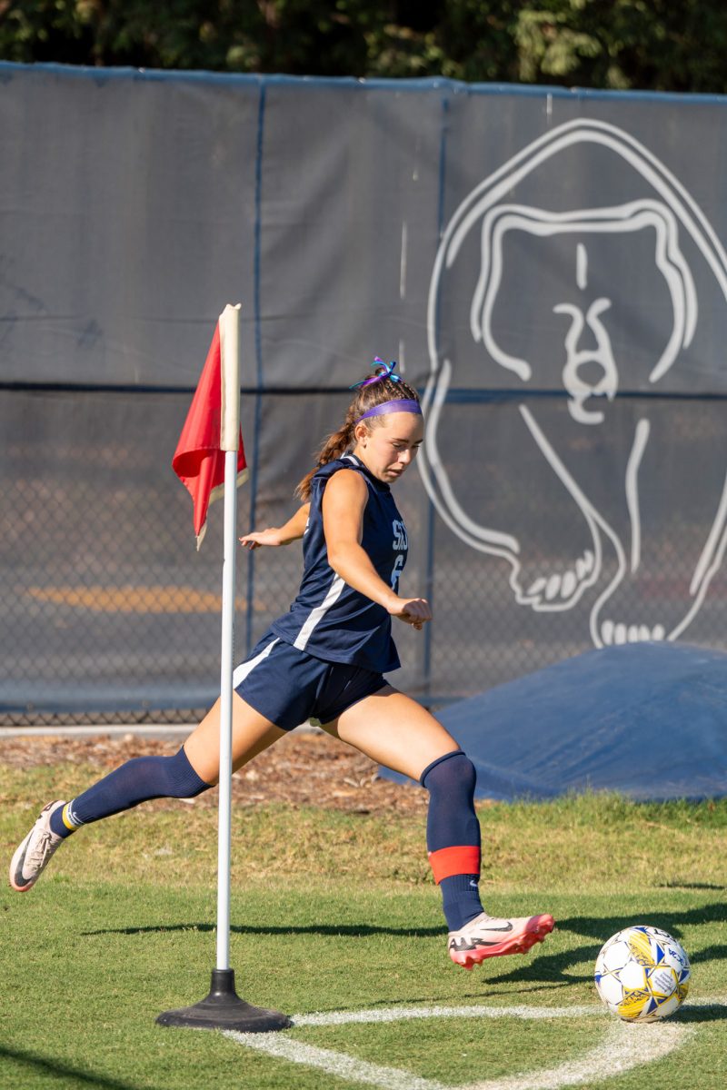 Bear Cubs midfielder/forward Olivia Hohnstein sending in a corner as they search for the opener against Hartnell on Sept. 24, 2024 