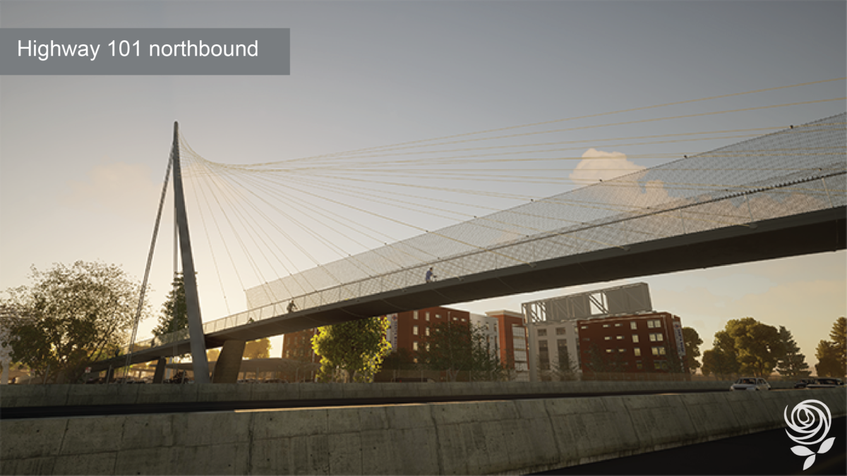 Rendering of the planned Highway 101 pedestrian overcrossing with SRJC in the background.