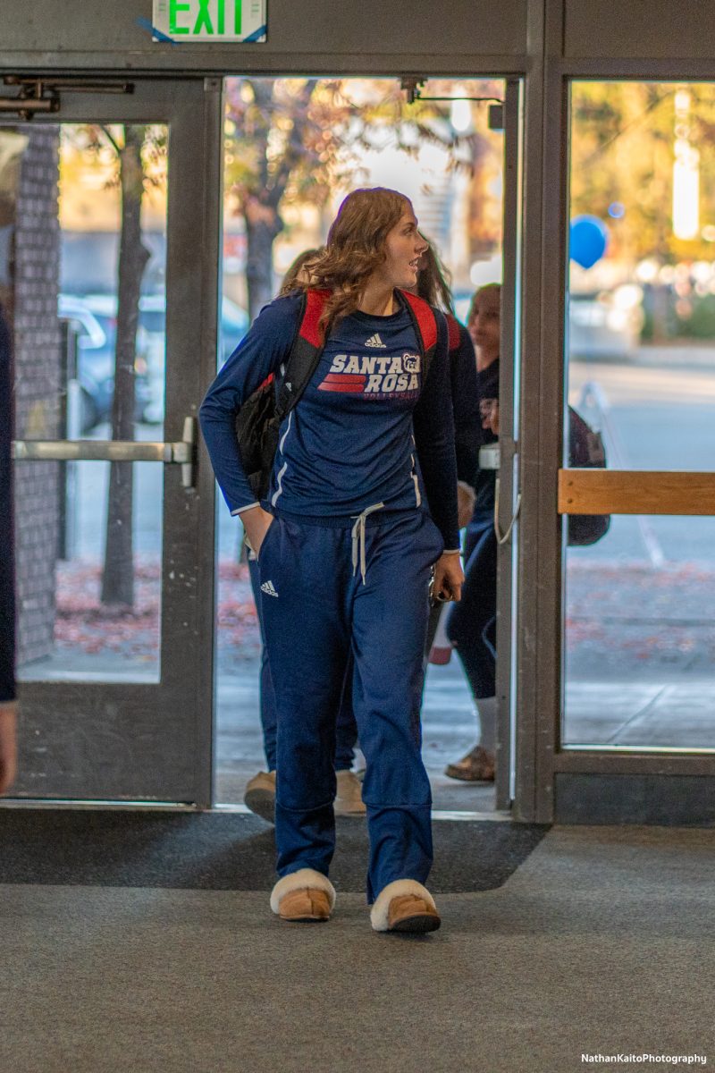 Bear Cubs’ outside hitter Katie Brenninger arrives at Haehl Pavilion to face San Joaquin Delta on Friday, Nov. 15, 2024.