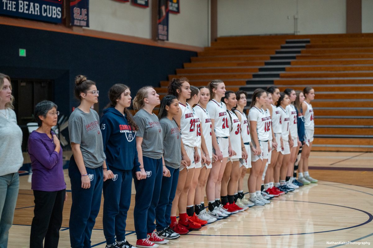 The SRJC Women’s Basketball team stands somberly for the national anthem ahead of the game against Laney at Haehl Pavilion on Friday, Nov. 22, 2024. 