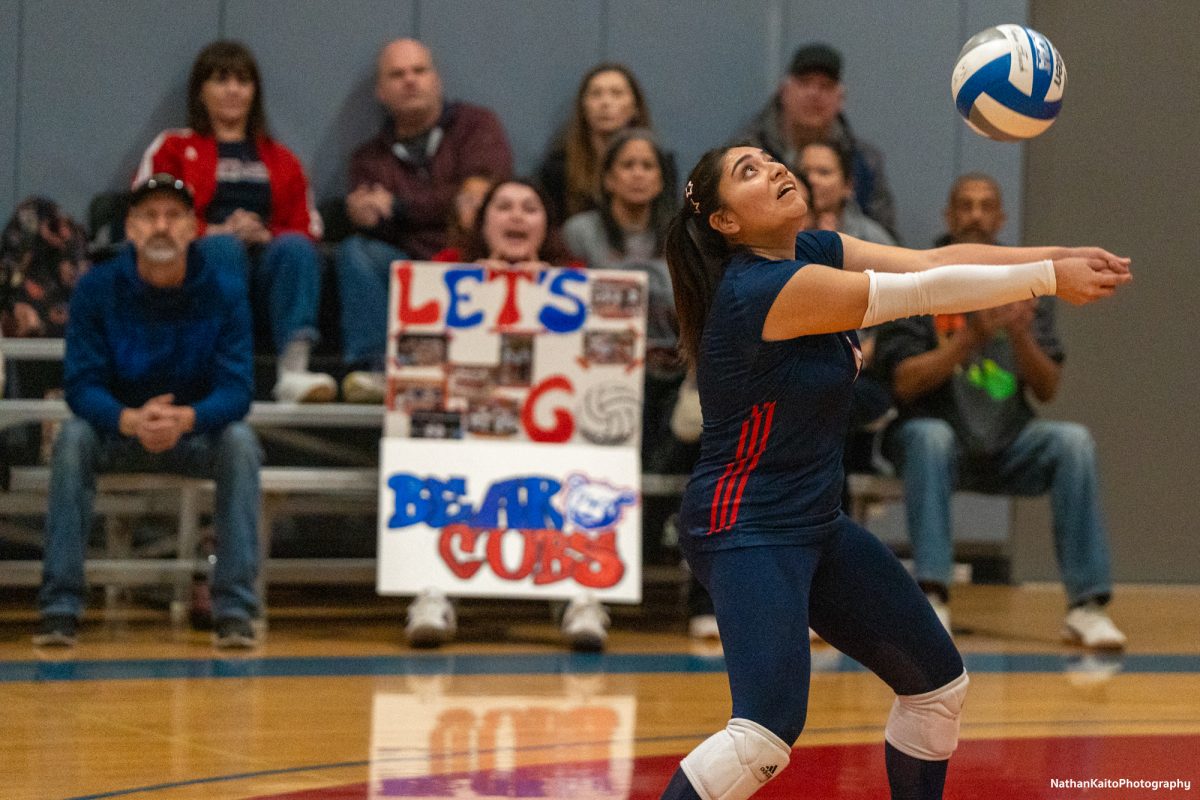Bear Cubs’ outside hitter Stephanie Melendez bumps the ball in front of the away support against American River at the American River gym on Tuesday, Nov. 26. 