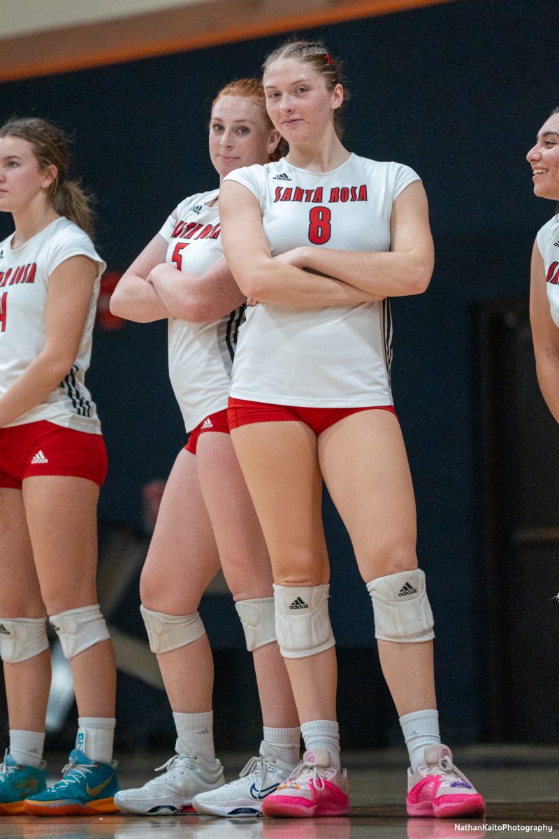 Bear Cubs’ Tessa Taylor, left, and Katie Brenninger, right, strike a pose before their match against Sacramento City College at Haehl Pavilion on Friday, Nov. 1, 2024. 