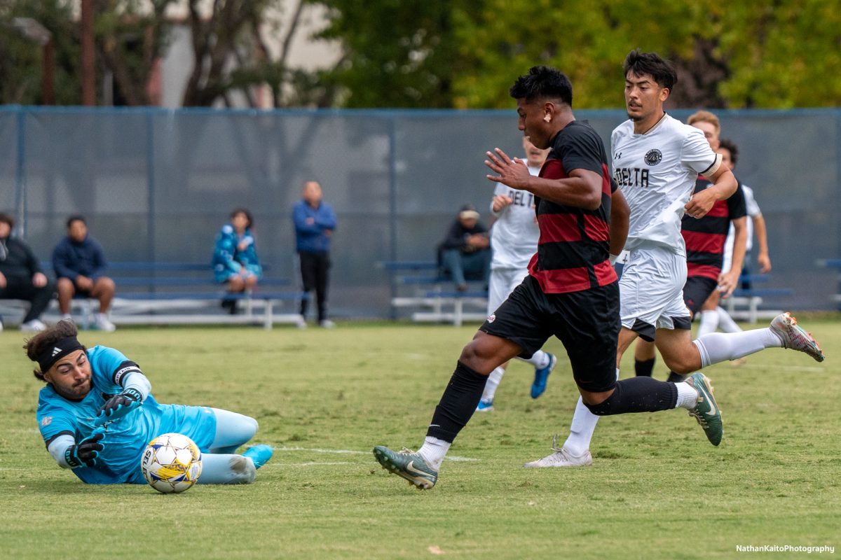 Bear Cubs’ midfielder Kleber Maldonado has his shot smothered by opposition goalkeeper Barba Franco against San Joaquin Delta at Sypher Soccer Field on Friday, Nov. 1st, 2024