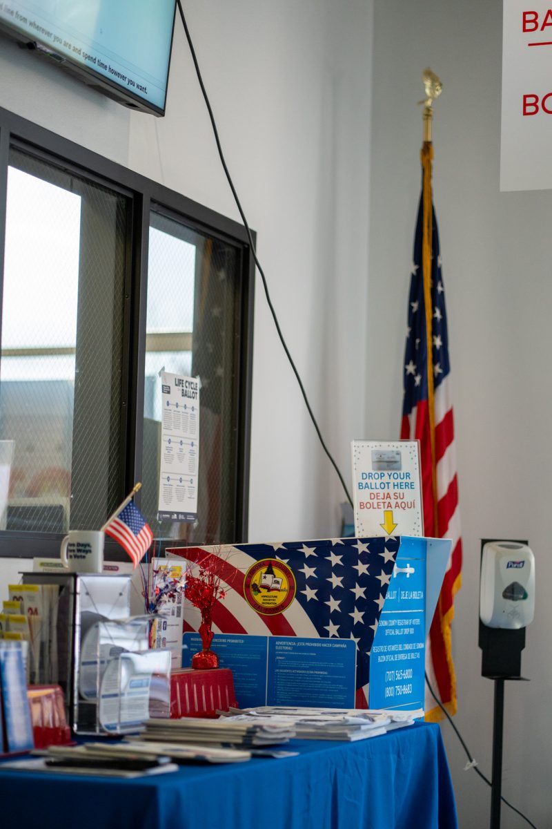 A ballot drop box and voting information on display for voters at the Registrar of Voters in Santa Rosa on Tuesday, Nov. 5, 2024