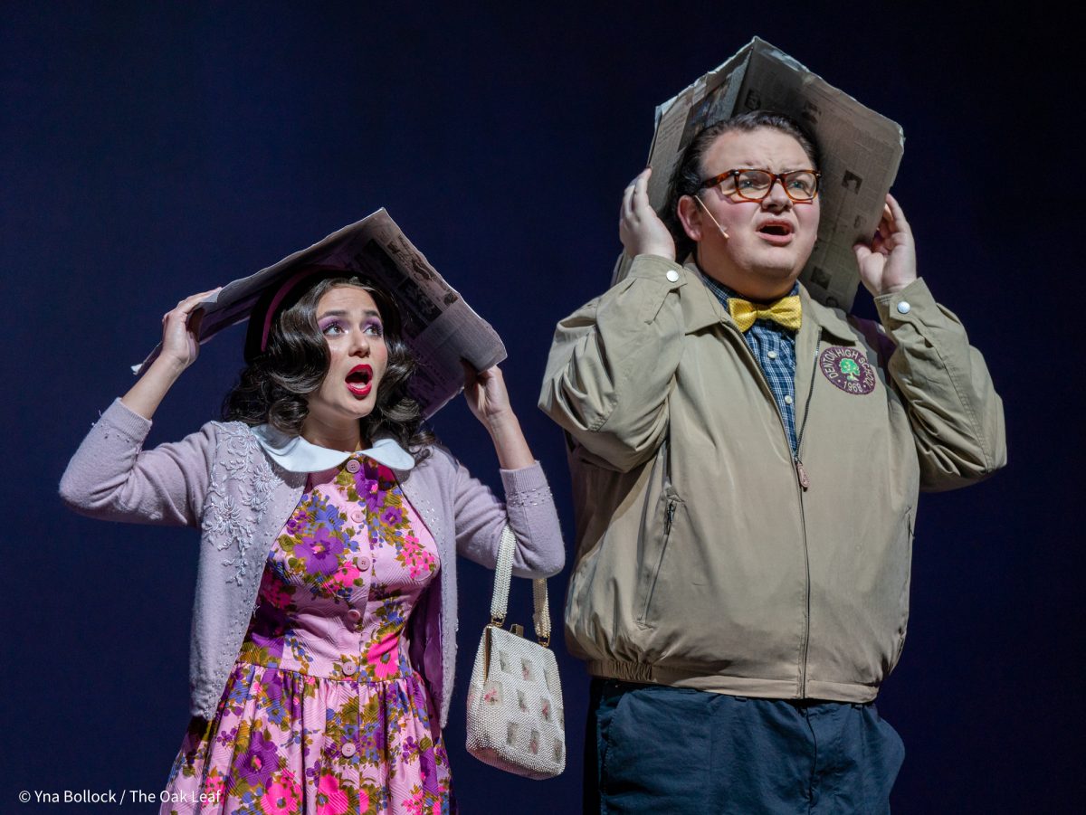 Austin Aquino-Harrison, left, as "Janet", and Aidan Pryor, right, as "Brad" in SRJC's Fall 2024 production of The Rocky Horror Showin the Burbank Auditorium on Oct. 30, 2024.