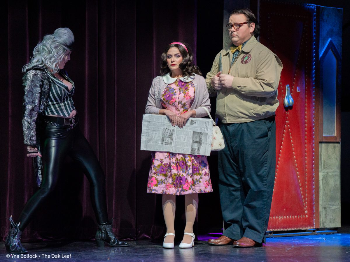 Bronte Rodriguez-Straub, left, as "Riff Raff", Austin Aquino-Harrison, center, as "Janet", Aidan Pryor, right, as "Brad" in SRJC's Fall 2024 production of The Rocky Horror Show in the Burbank Auditorium on Oct. 30, 2024.