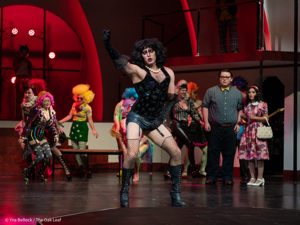 Alex Delzell as "Dr. Frank-N-Furter" in SRJC's Fall 2024 production of The Rocky Horror Show in the Burbank Auditorium on Oct. 30, 2024.