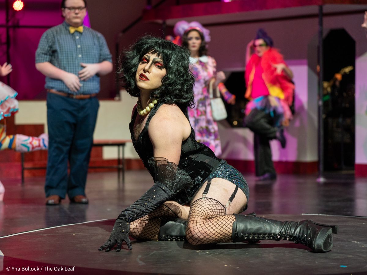 Alex Delzell as "Dr. Frank-N-Furter" in SRJC's Fall 2024 production of The Rocky Horror Show in the Burbank Auditorium on Oct. 30, 2024.