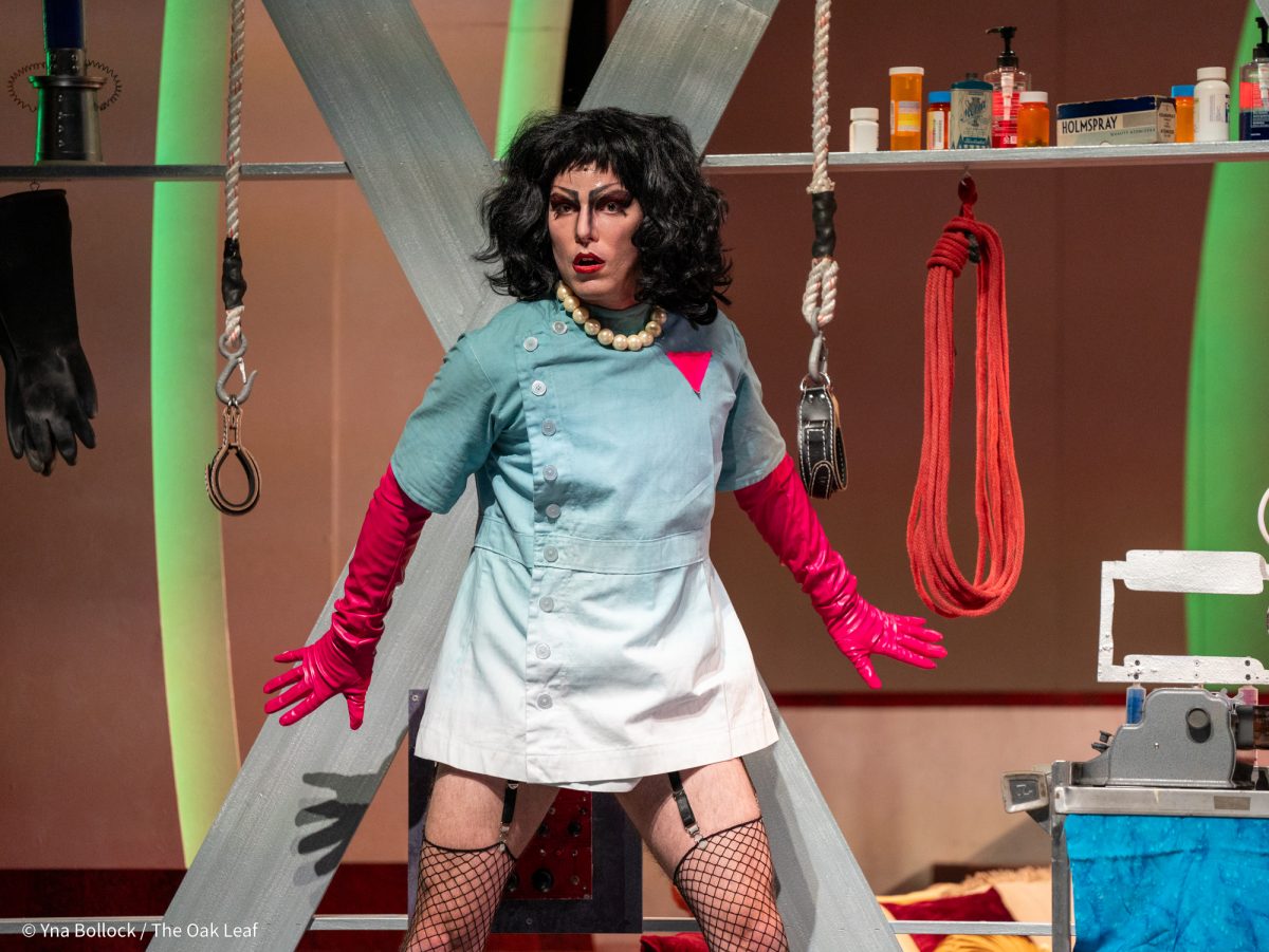 Alex Delzell as "Dr. Frank-N-Furter" in SRJC's Fall 2024 production of The Rocky Horror Show in the Burbank Auditorium on Oct. 30, 2024.